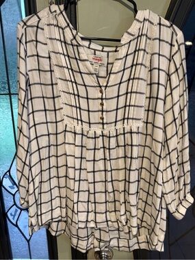 Wrangler White and Black Windowpane Button-Front Peasant Tunic